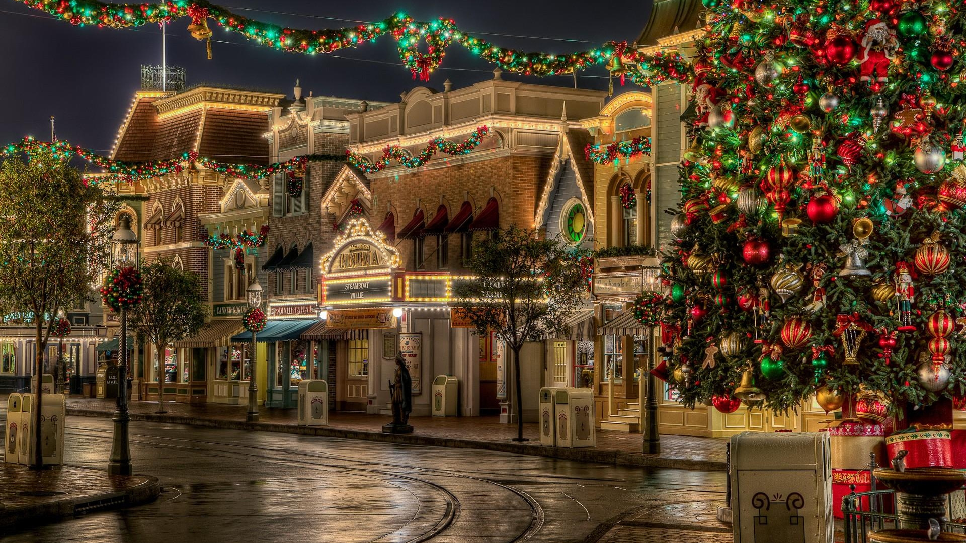 Navidad, Decoración de la Navidad, Luces de Navidad, Noche, Área Urbana. Wallpaper in 1920x1080 Resolution