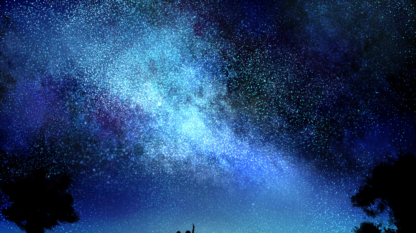 Silhouette of People Under Starry Night. Wallpaper in 1366x768 Resolution