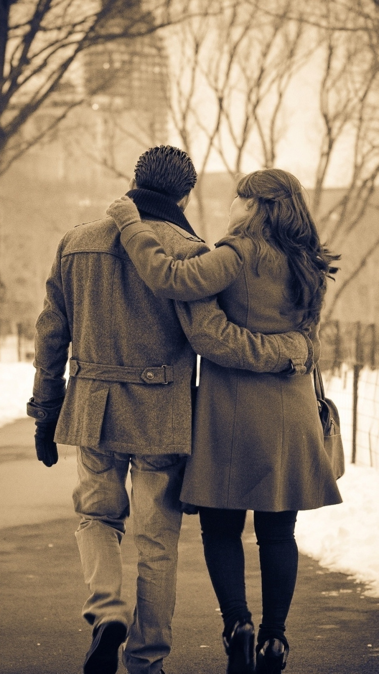 Freezing, Snow, Tree, Girl, Couple. Wallpaper in 750x1334 Resolution