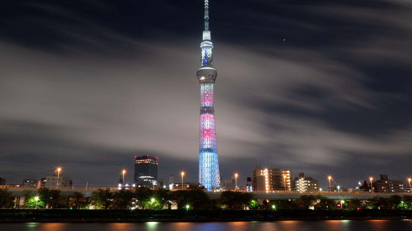 Lighted Tower During Night Time. Wallpaper in 1366x768 Resolution
