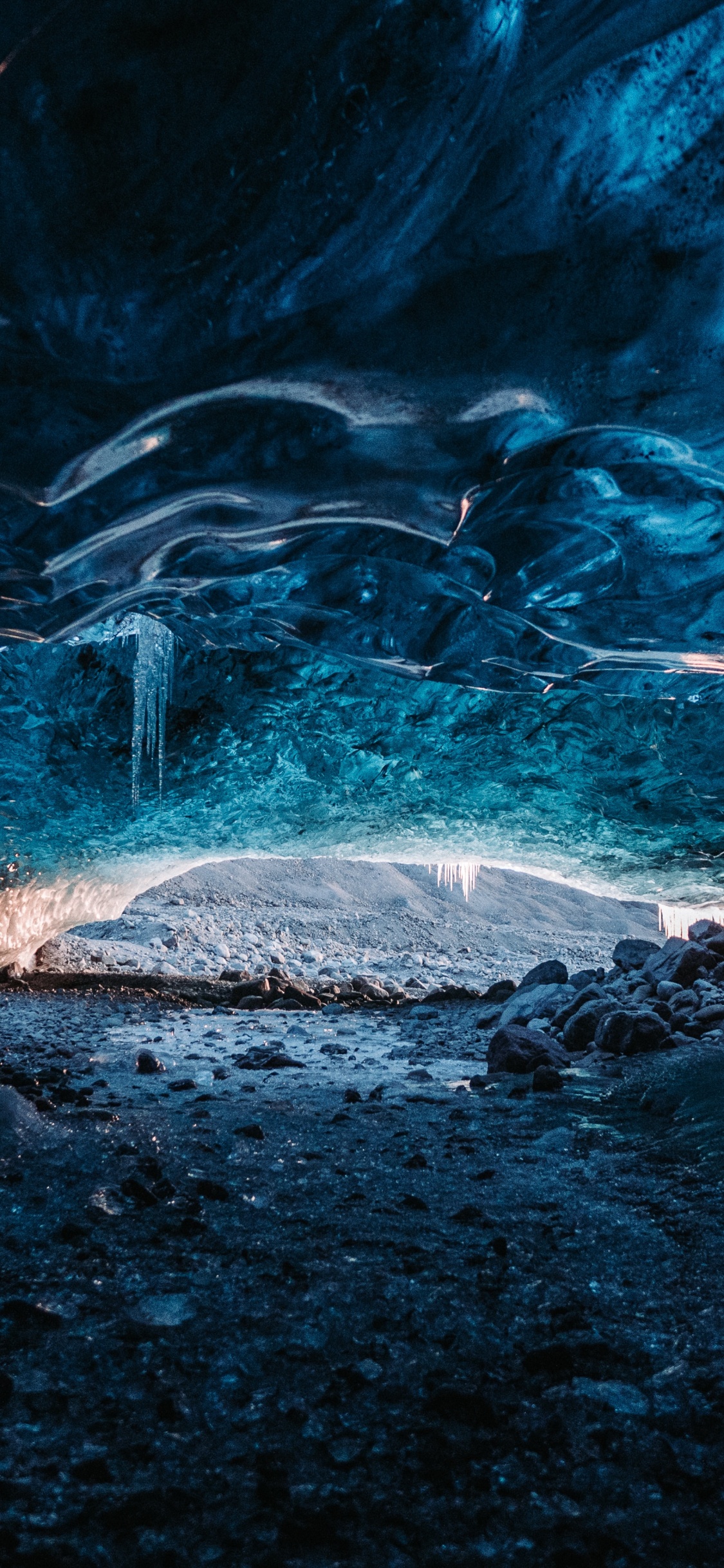 Ice Cave, Cave, Glacier, Water, Darkness. Wallpaper in 1125x2436 Resolution