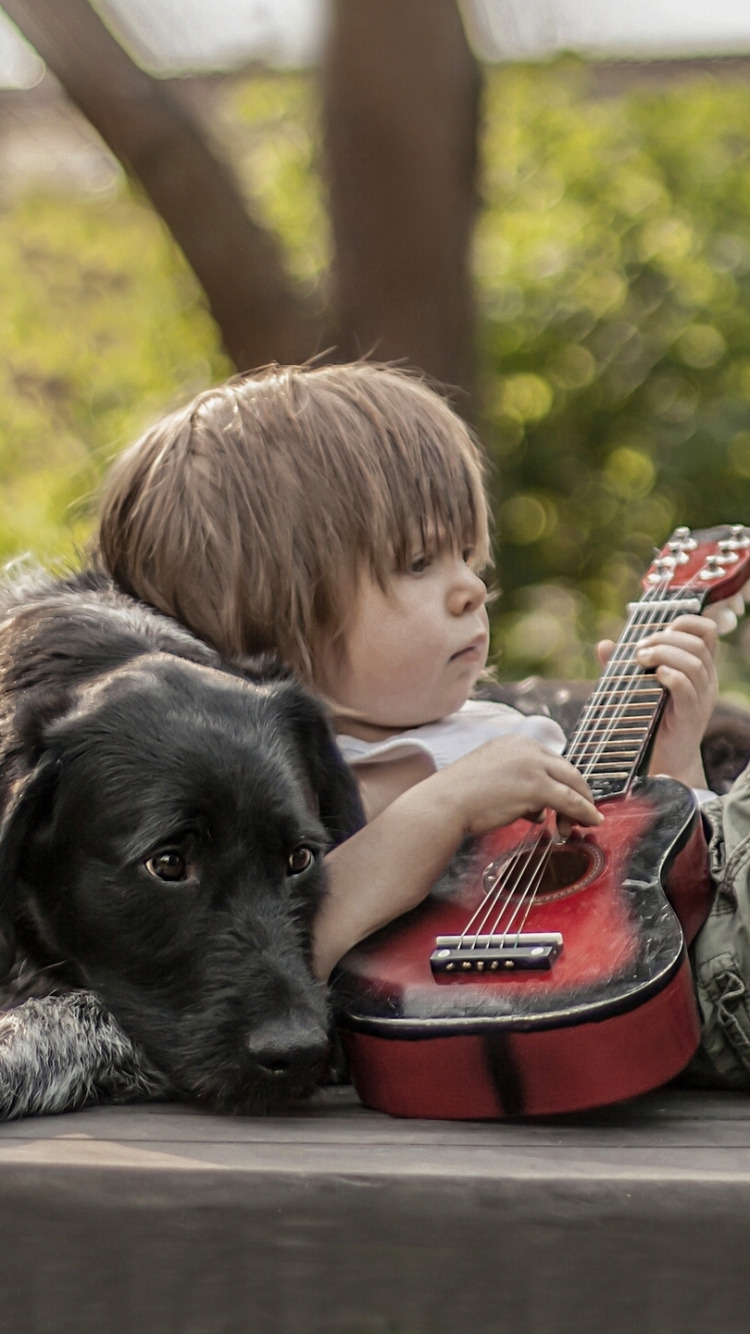 Guitar, Dog, Dog Breed, Purebred Dogs, Interaction. Wallpaper in 750x1334 Resolution