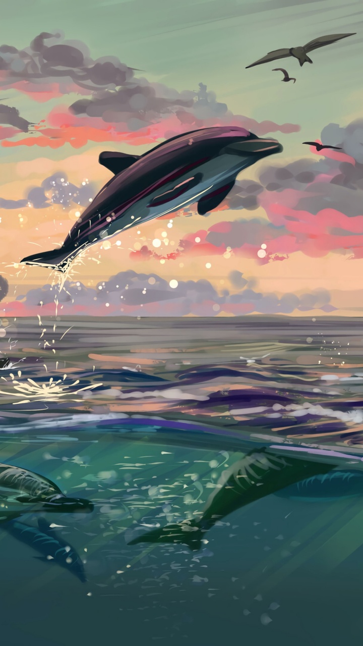艺术, 海豚, 宽吻海豚, 鲸目, 大海 壁纸 720x1280 允许