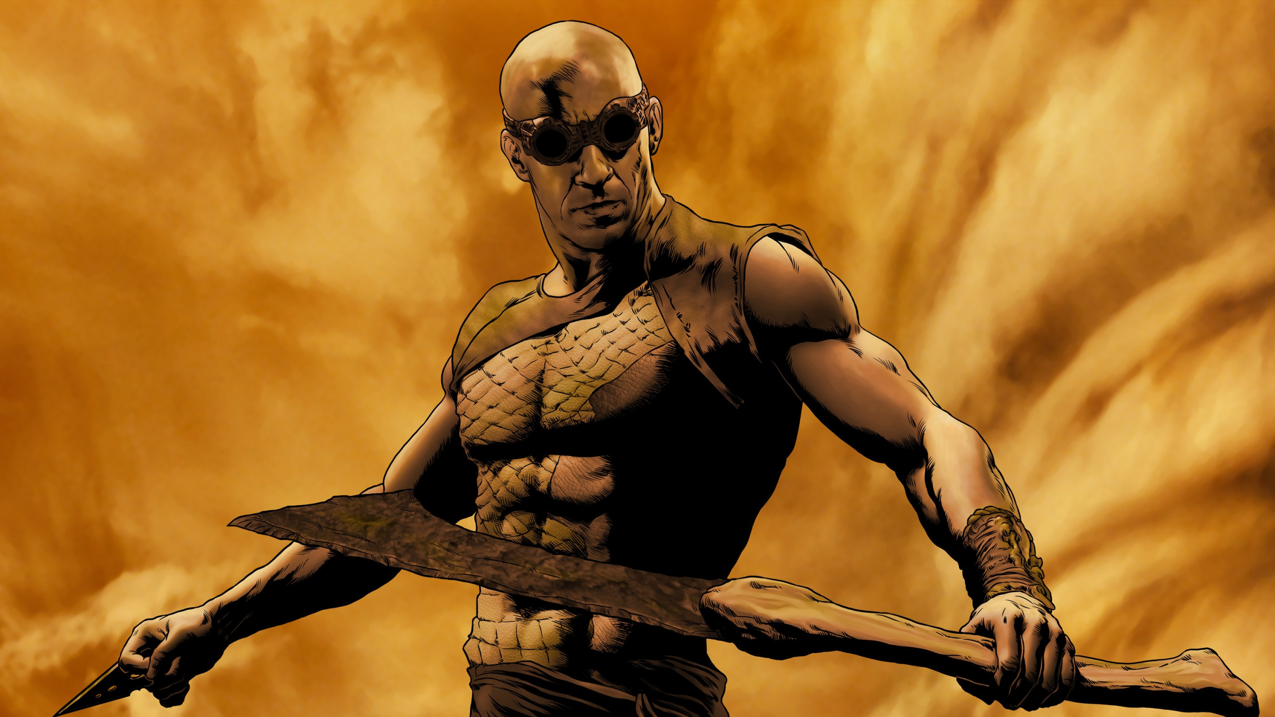 Man in Black Tank Top Holding a Brown Wooden Stick. Wallpaper in 2560x1440 Resolution