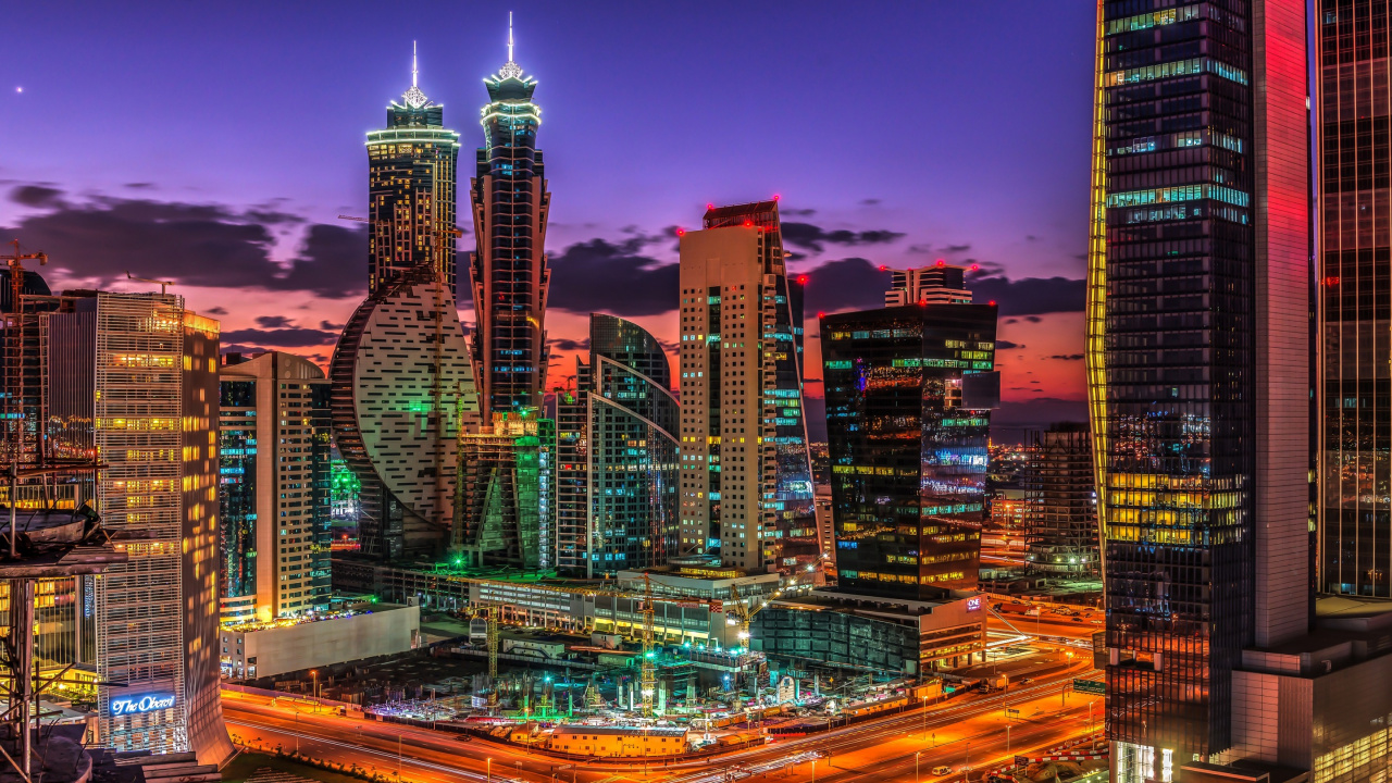 City Buildings With Lights During Night Time. Wallpaper in 1280x720 Resolution