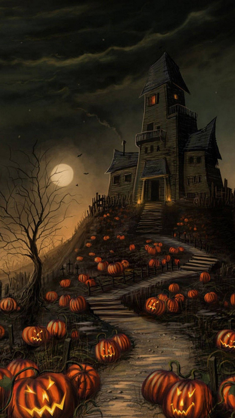 Halloween, Haunted Halloween, Haunted House, Ghost, Painting. Wallpaper in 750x1334 Resolution