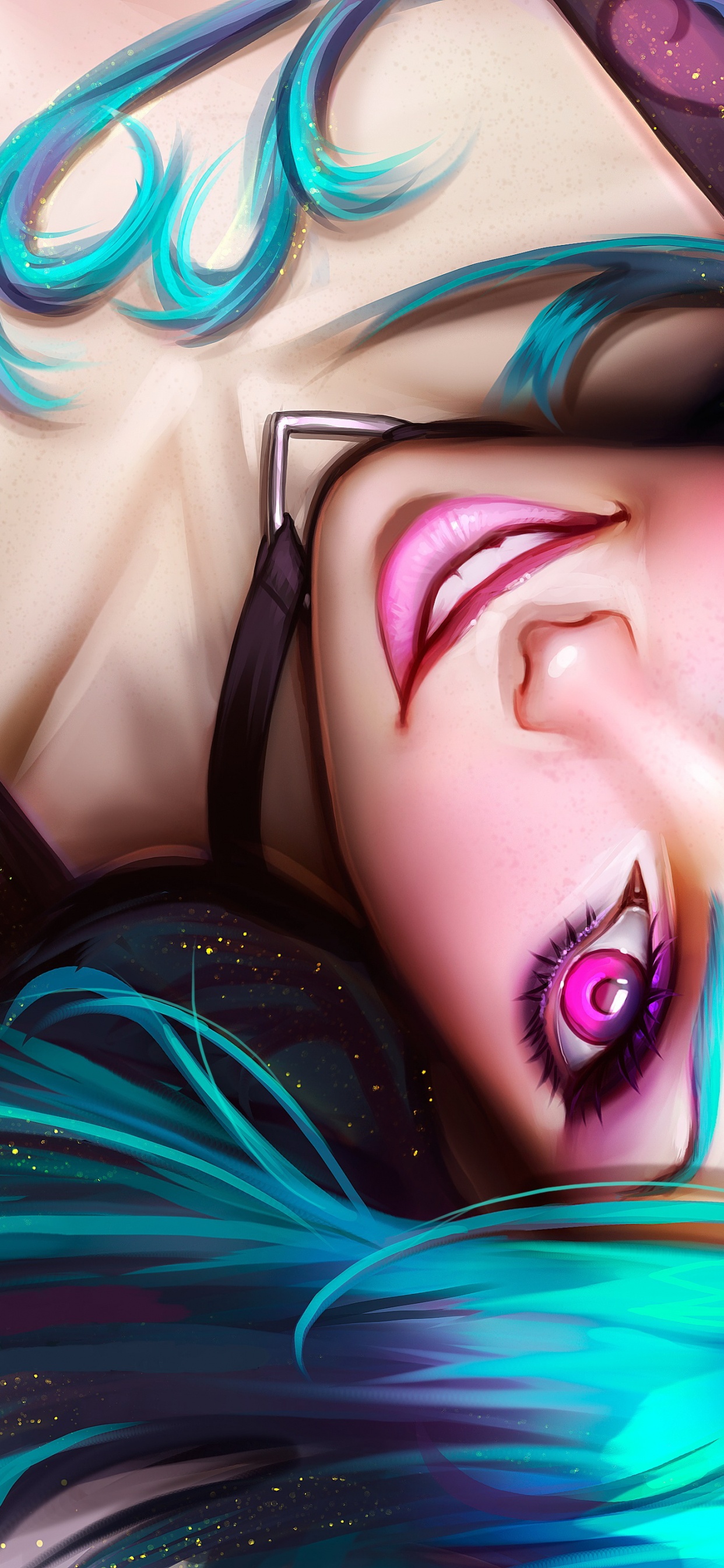 Woman With Green Hair Wearing Black and White Eye Mask. Wallpaper in 1242x2688 Resolution