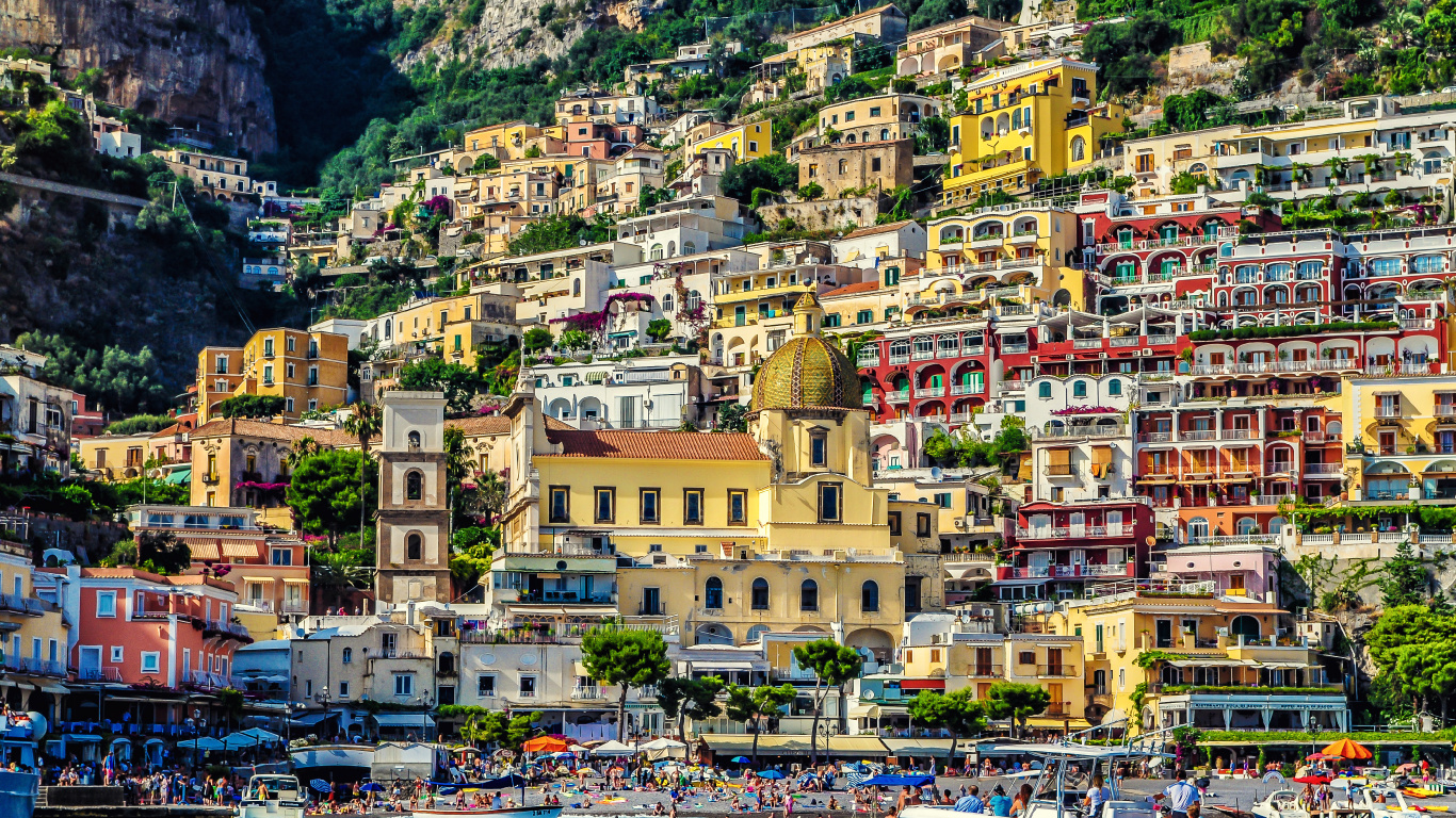 Positano, Stadt, Küste, Tourismus, Dorf. Wallpaper in 1366x768 Resolution