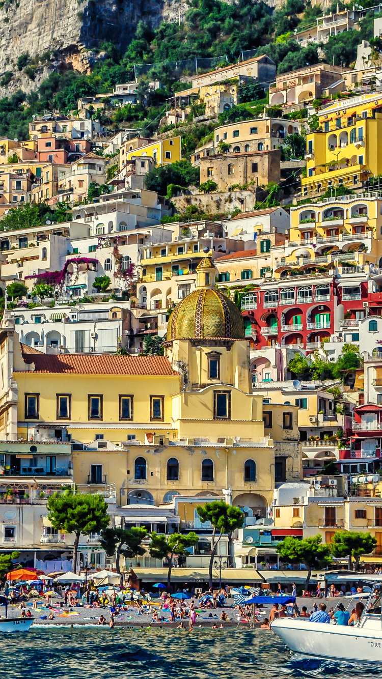 Positano, Ciudad, Costa, Turismo, Pueblo. Wallpaper in 750x1334 Resolution