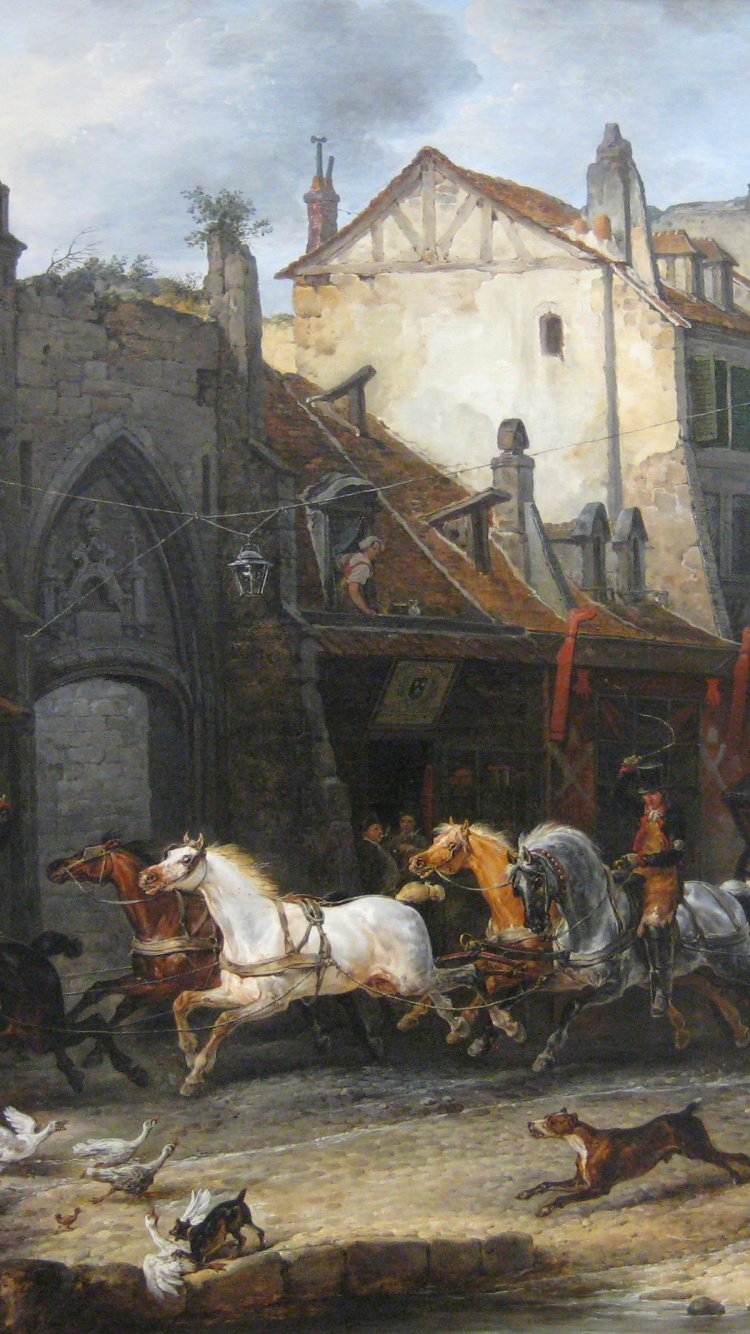 People Walking on Street Near Houses Painting. Wallpaper in 750x1334 Resolution