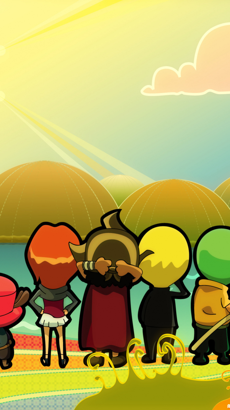 Personnes Marchant Sur la Route Avec Des Ballons et Des Nuages Illustration. Wallpaper in 750x1334 Resolution