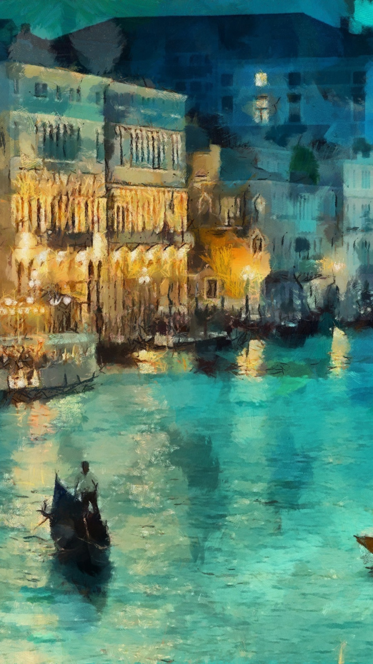 People Riding on Boat on Water Near Buildings During Night Time. Wallpaper in 750x1334 Resolution