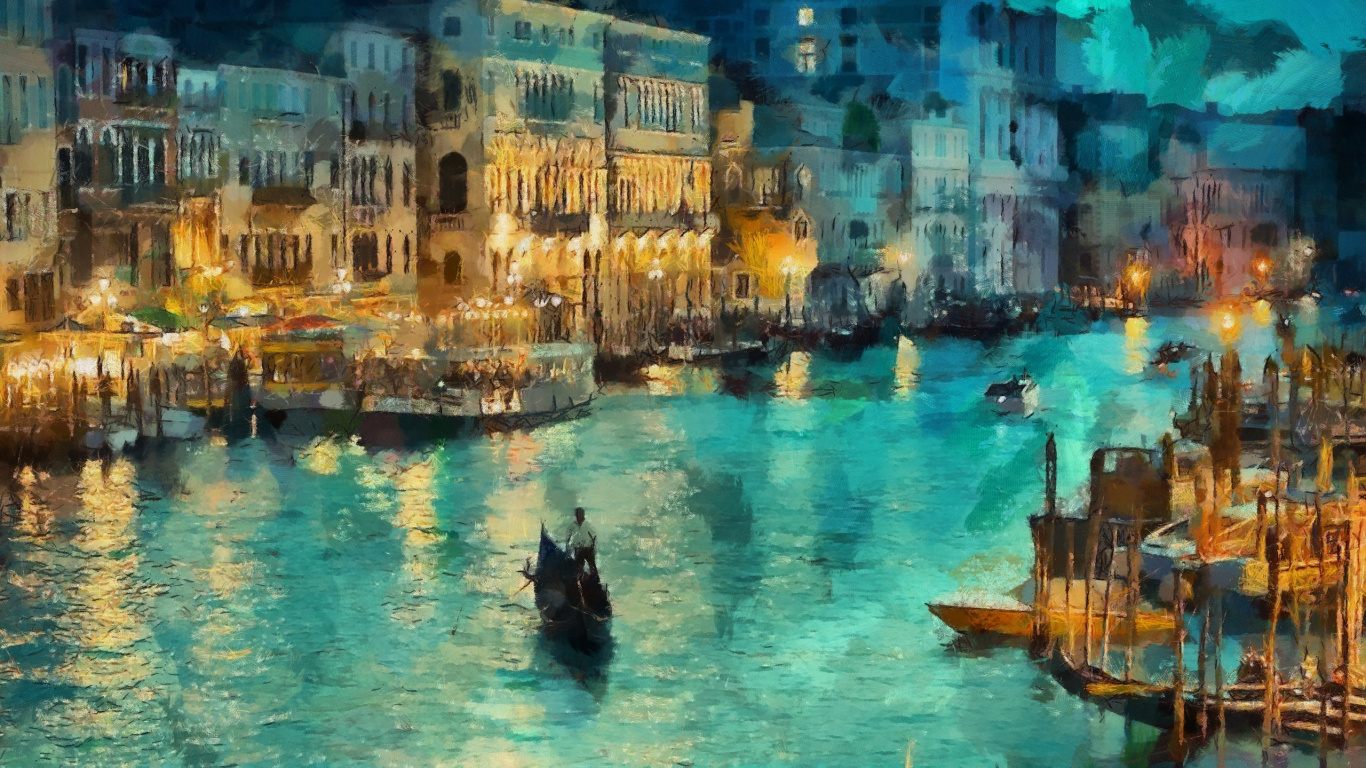 Personnes Montant Sur un Bateau Sur L'eau Près Des Bâtiments Pendant la Nuit. Wallpaper in 1366x768 Resolution