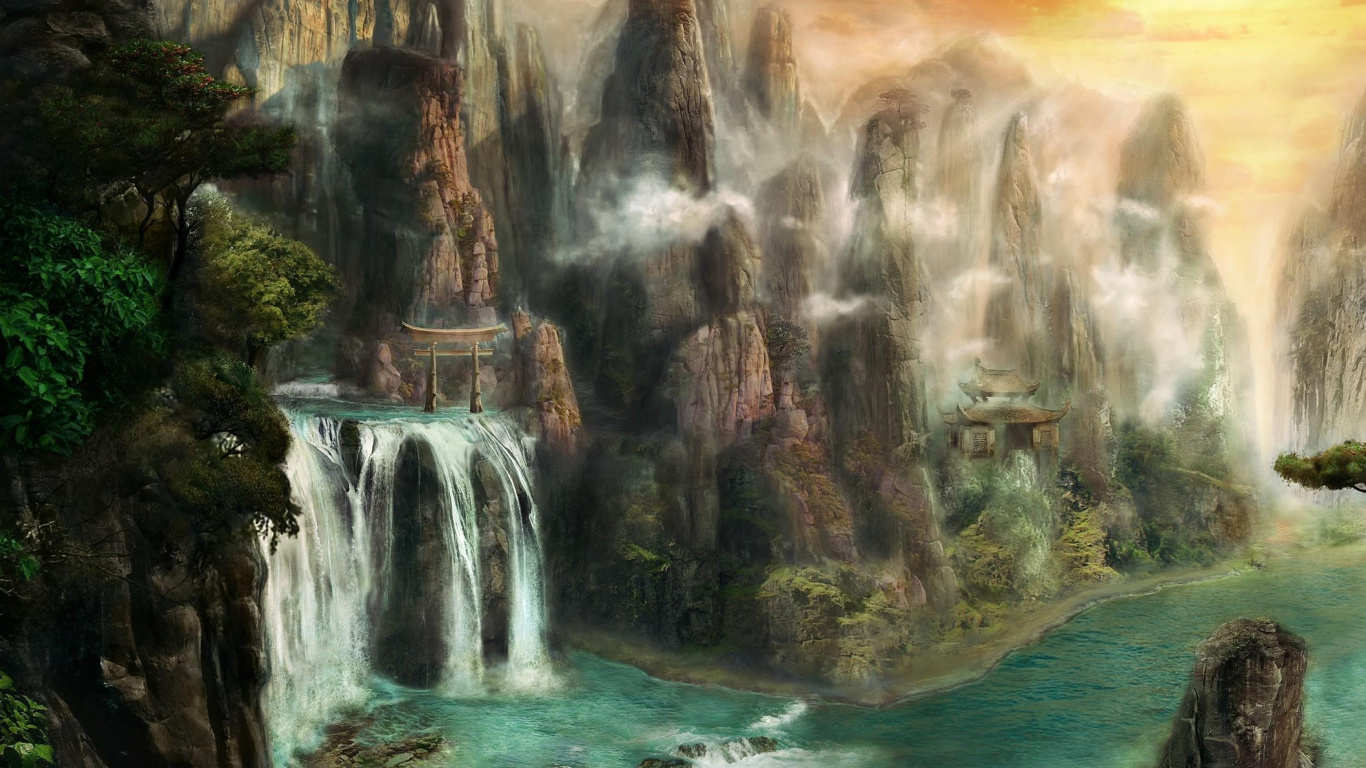 Waterfalls Near Brown Mountain Under Cloudy Sky During Daytime. Wallpaper in 1366x768 Resolution