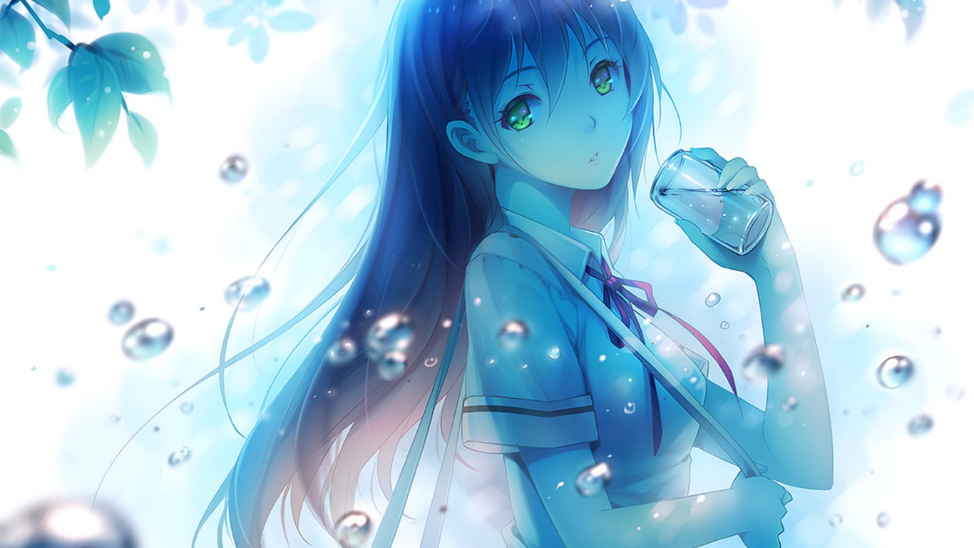 Blauhaarige Weibliche Anime-Figur. Wallpaper in 1366x768 Resolution