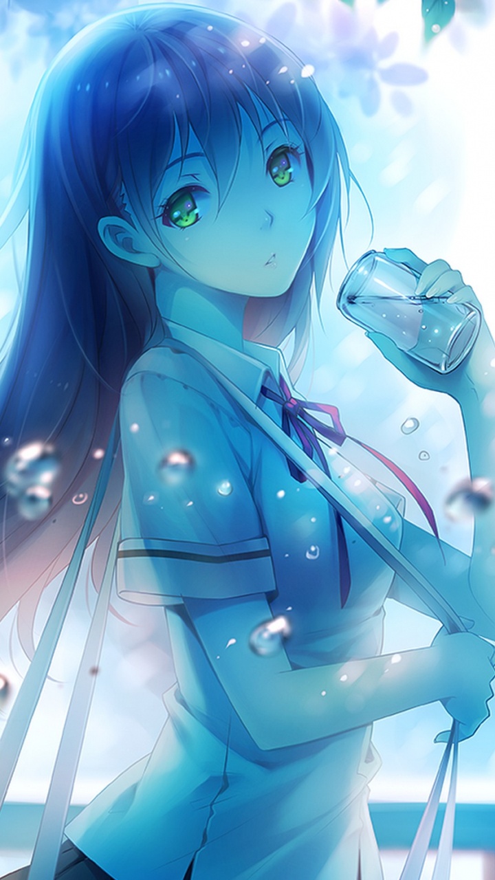 Blauhaarige Weibliche Anime-Figur. Wallpaper in 720x1280 Resolution