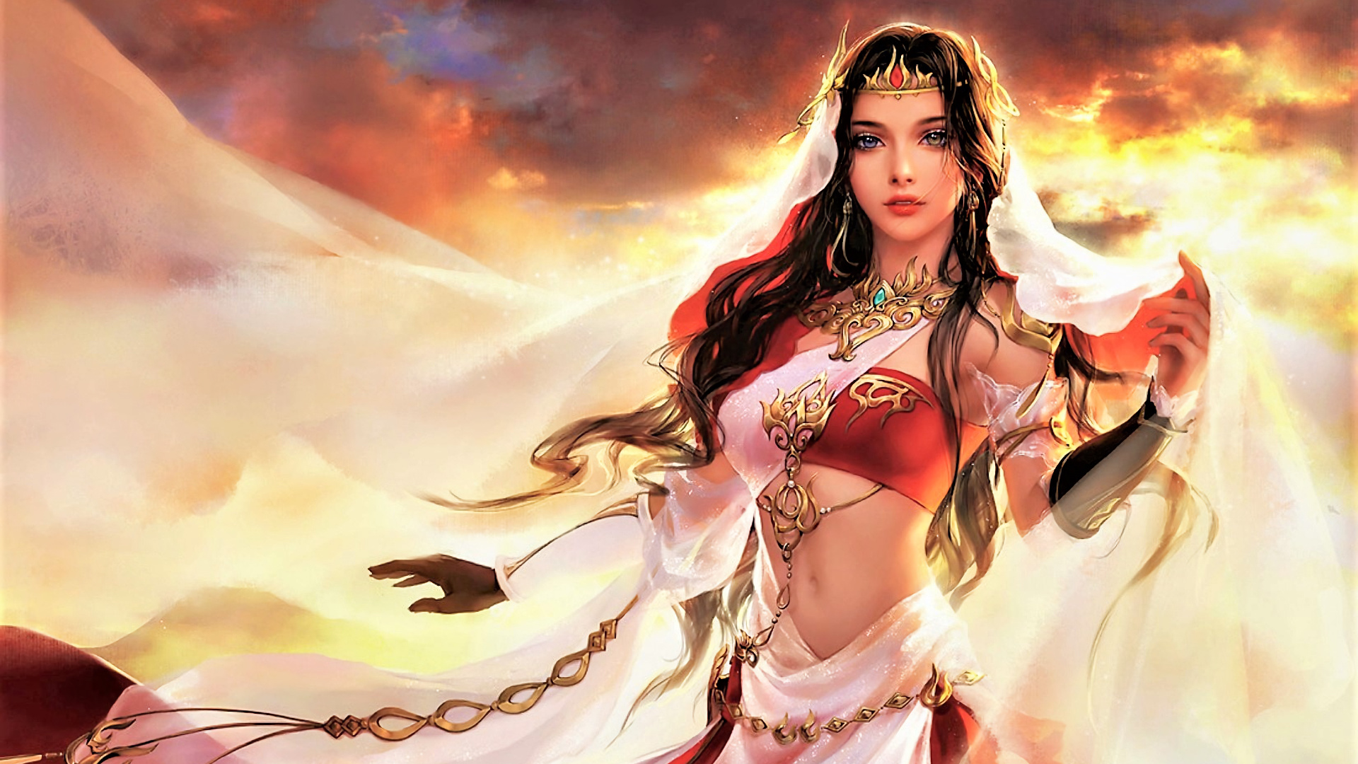 Woman in White Dress With Wings Illustration. Wallpaper in 1920x1080 Resolution