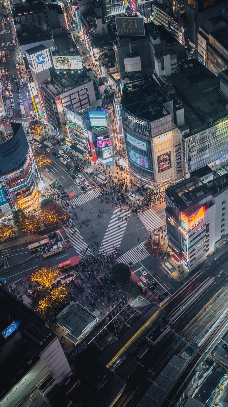 Shibuya Luftaufnahme, Shibuya, Shibuya-Kreuzung, Tokyo Tower, Gebäude. Wallpaper in 750x1334 Resolution