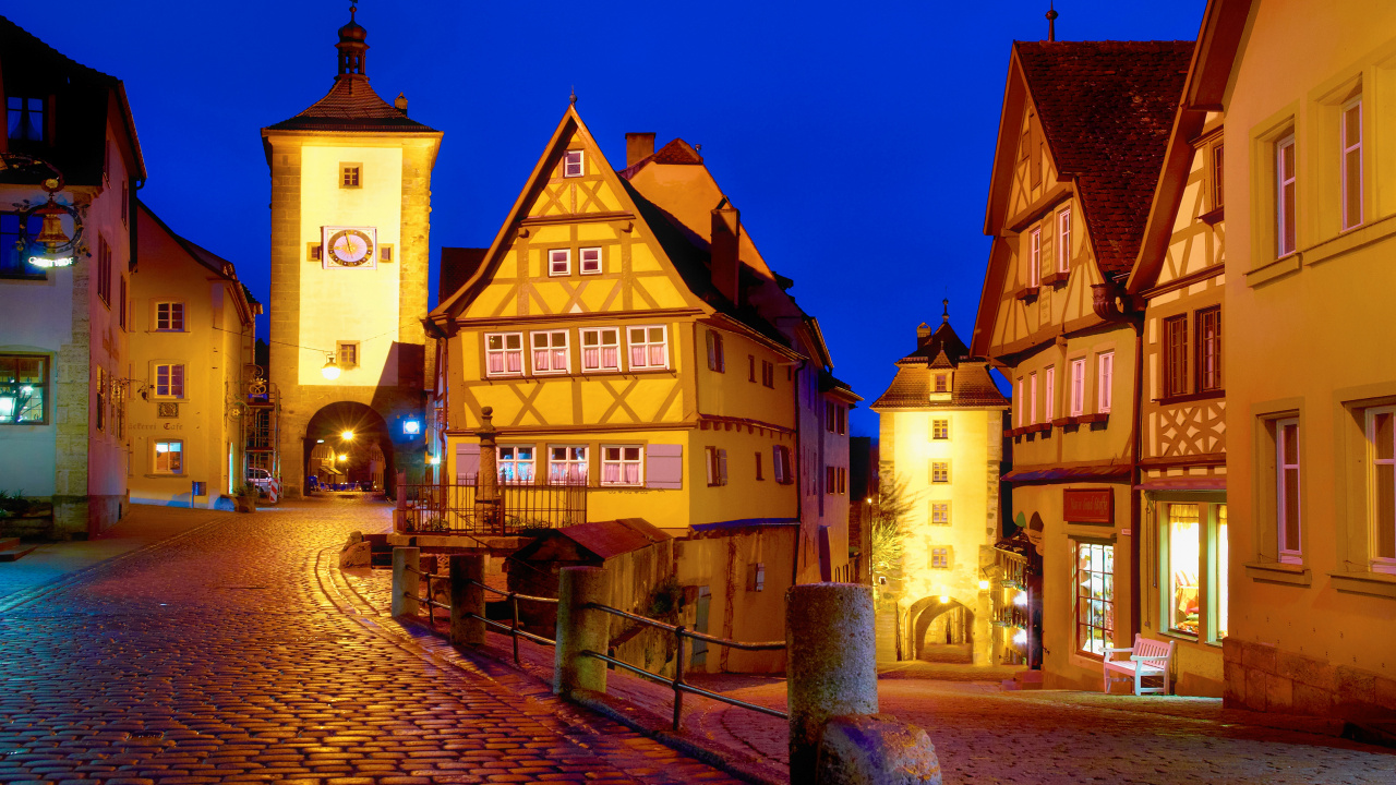 Rothenburg ob Der Tauber, Town, Night, Landmark, Evening. Wallpaper in 1280x720 Resolution