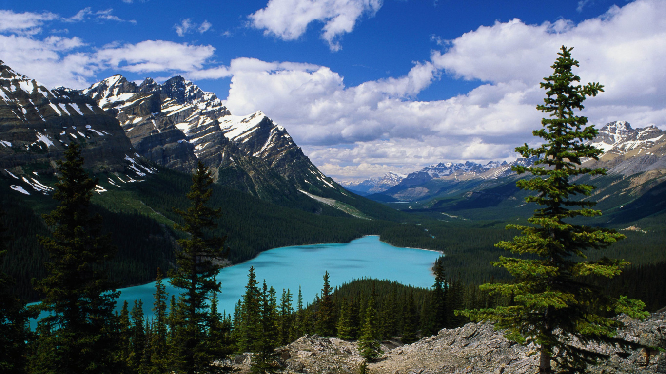 Green Trees and Mountains Under Blue Sky and White Clouds During Daytime. Wallpaper in 1366x768 Resolution