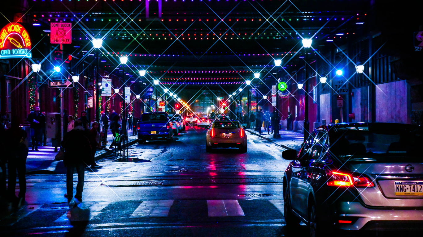 People Walking on Street During Night Time. Wallpaper in 1366x768 Resolution
