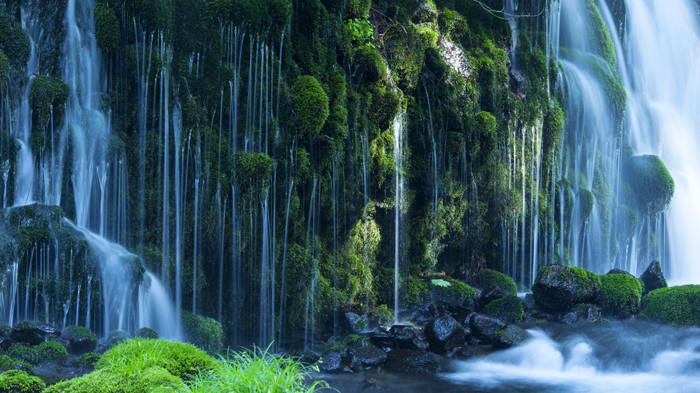 Grünes Moos Auf Felsen in Der Nähe Von Wasserfällen. Wallpaper in 1366x768 Resolution