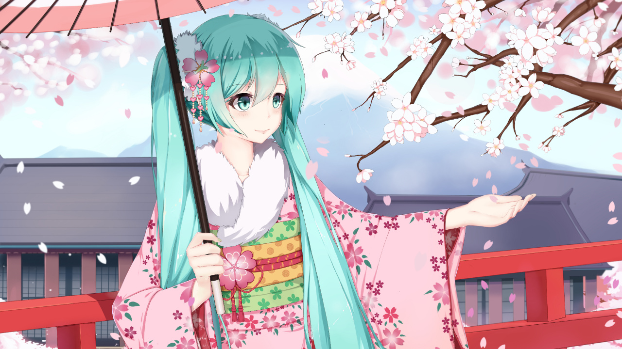 Girl Anime Character in White and Pink Kimono. Wallpaper in 1280x720 Resolution