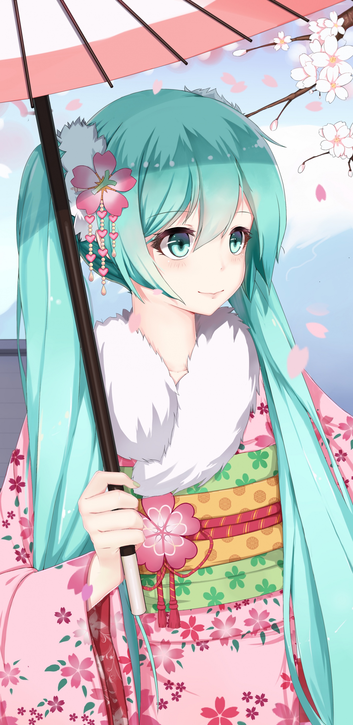 Mädchen-Anime-Figur im Weißen Und Rosa Kimono. Wallpaper in 1440x2960 Resolution