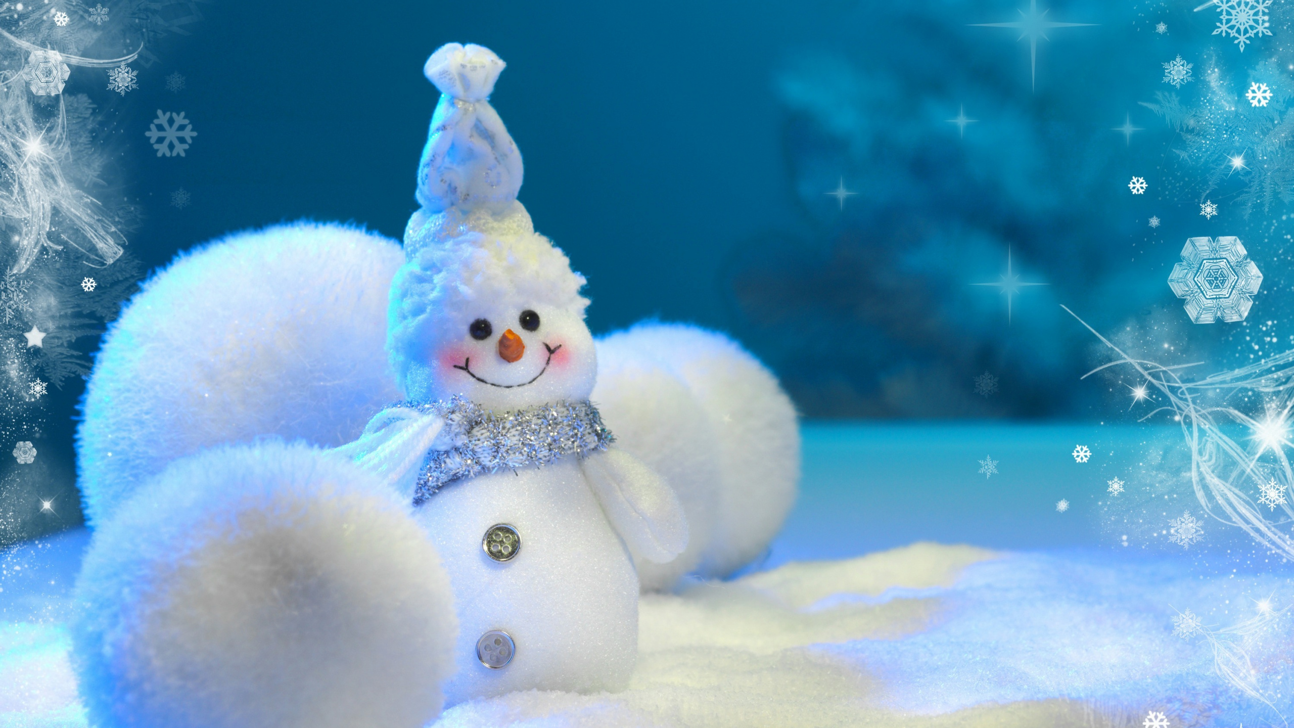 Muñeco de Nieve Blanco Con Luces de Cadena Blanca. Wallpaper in 2560x1440 Resolution