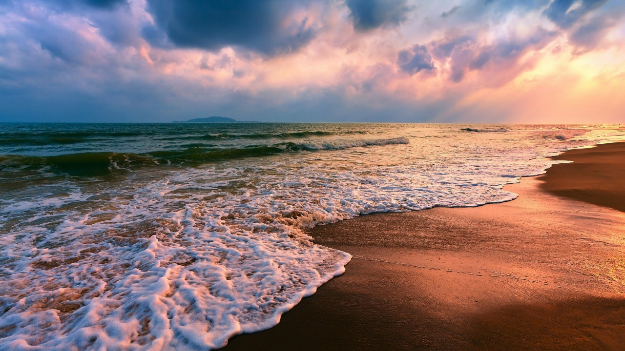 Sonnenuntergang, Strand, Meer, Gewässer, Welle. Wallpaper in 1280x720 Resolution