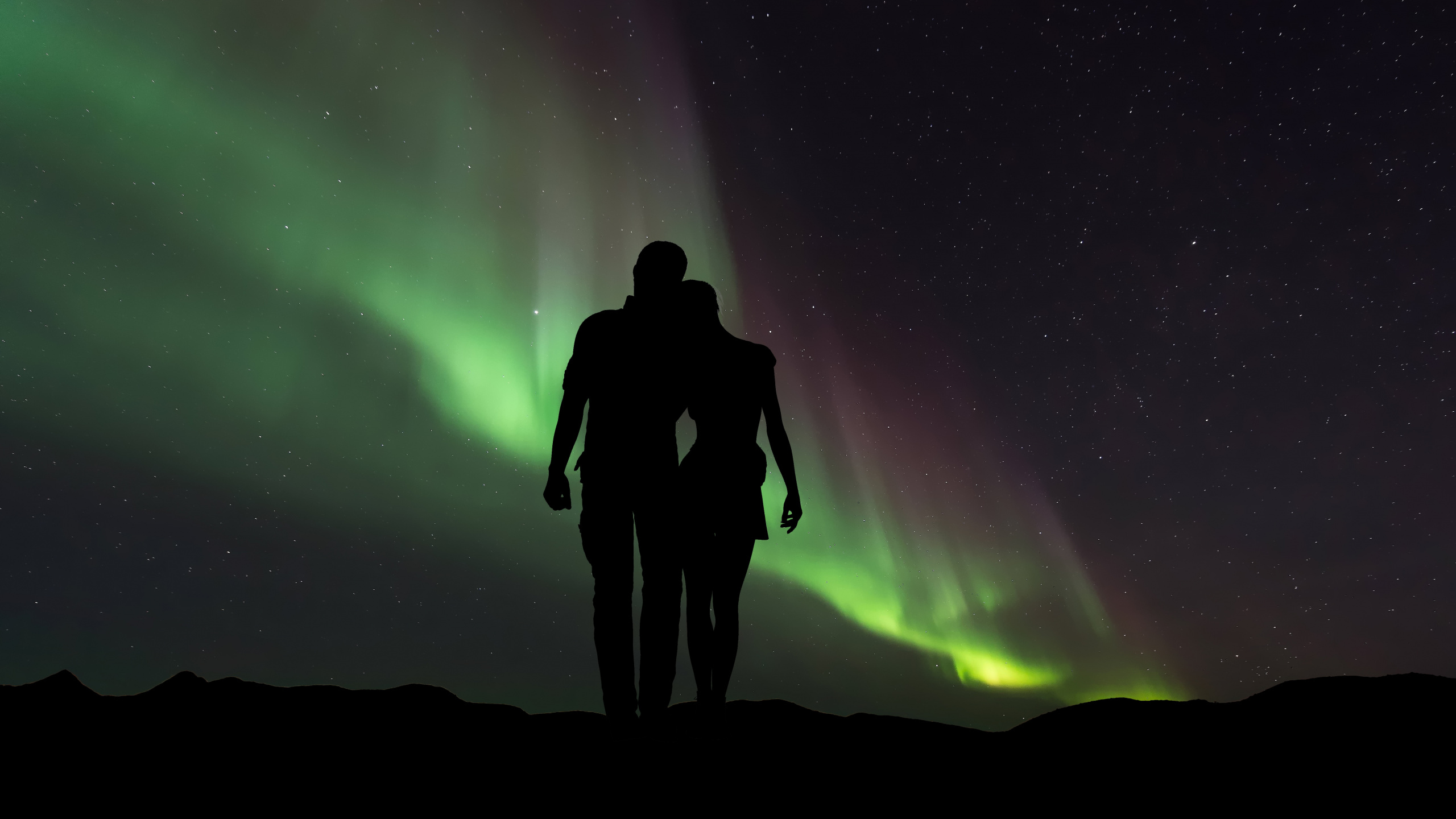Silhouette, Aurora, Light, Atmosphere, Night. Wallpaper in 2560x1440 Resolution