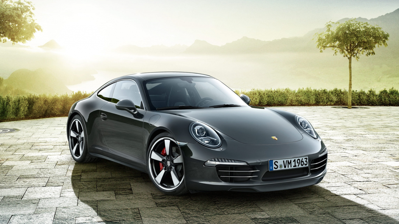 Schwarzer Porsche 911 Unterwegs. Wallpaper in 1366x768 Resolution