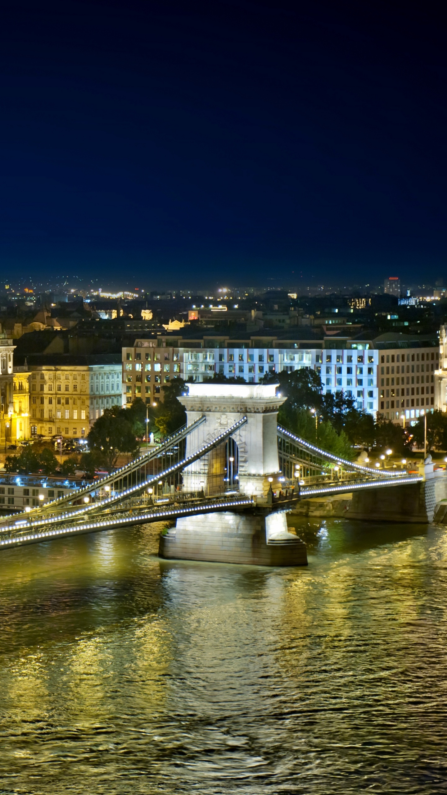 Brücke Über Den Fluss Während Der Nacht. Wallpaper in 1440x2560 Resolution