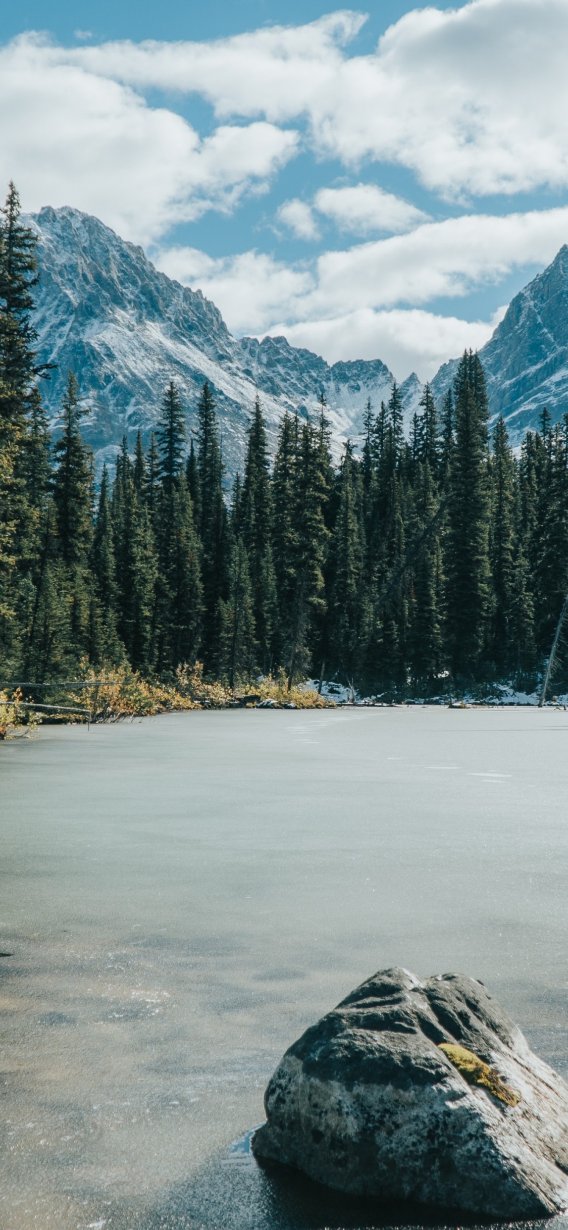 Lago Congelado y Bosque, Parque Nacional Jasper de Canadá, Lake Louise, Lago, Montaña. Wallpaper in 1125x2436 Resolution