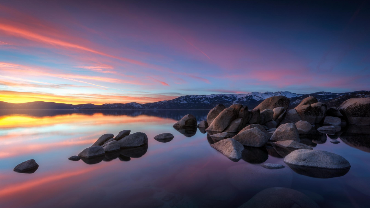 Puesta, Lake Tahoe, Orilla, Mar, Naturaleza. Wallpaper in 1280x720 Resolution