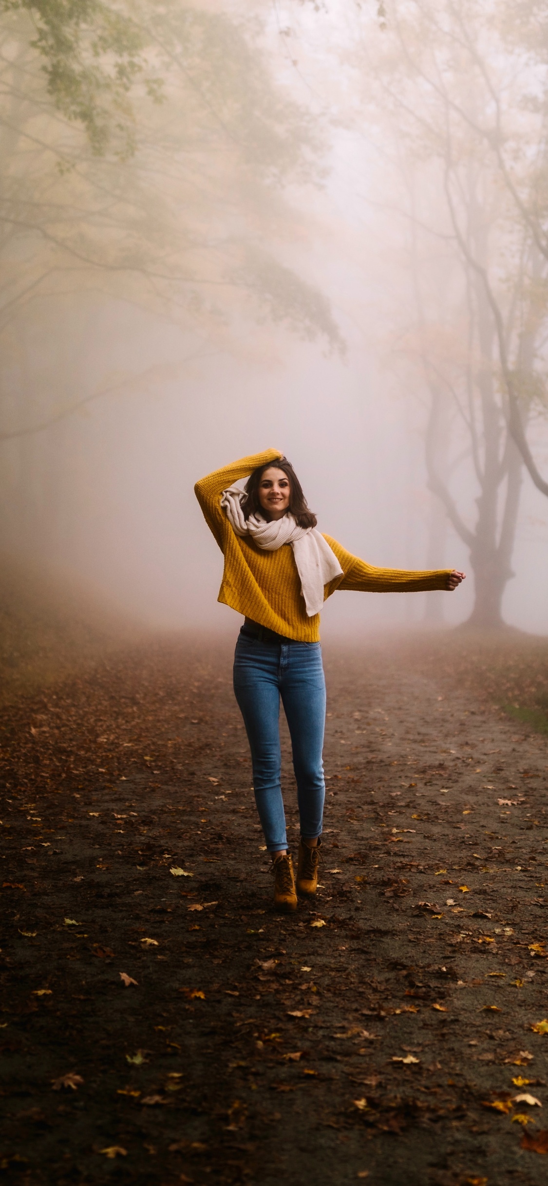 Girl on Alone Road, Plant, Atmosphere, People in Nature, Fog. Wallpaper in 1125x2436 Resolution