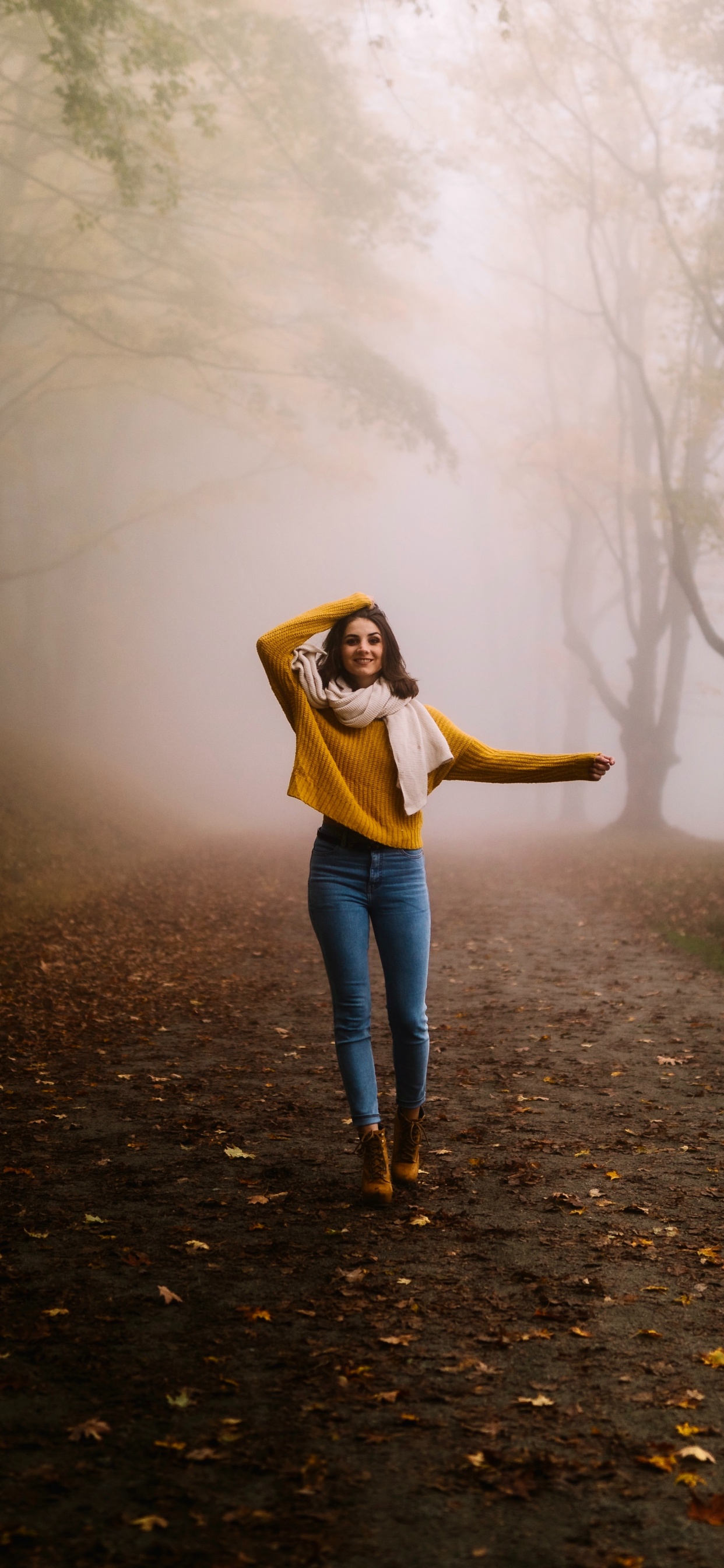 Girl on Alone Road, Plant, Atmosphere, People in Nature, Fog. Wallpaper in 1242x2688 Resolution