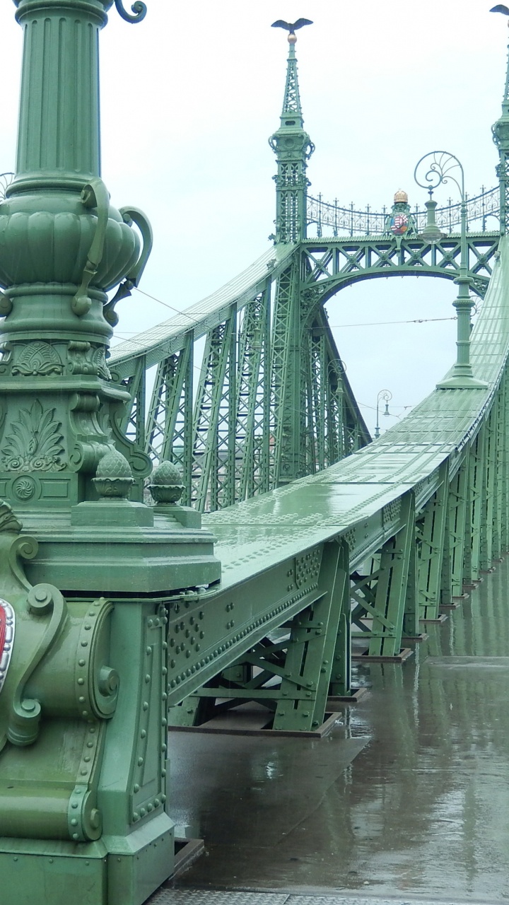 Green Metal Bridge Over River. Wallpaper in 720x1280 Resolution