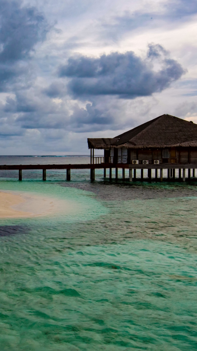Braunes Holzdock Auf Blauem Meer Unter Blauem Himmel Und Weißen Wolken Tagsüber. Wallpaper in 750x1334 Resolution