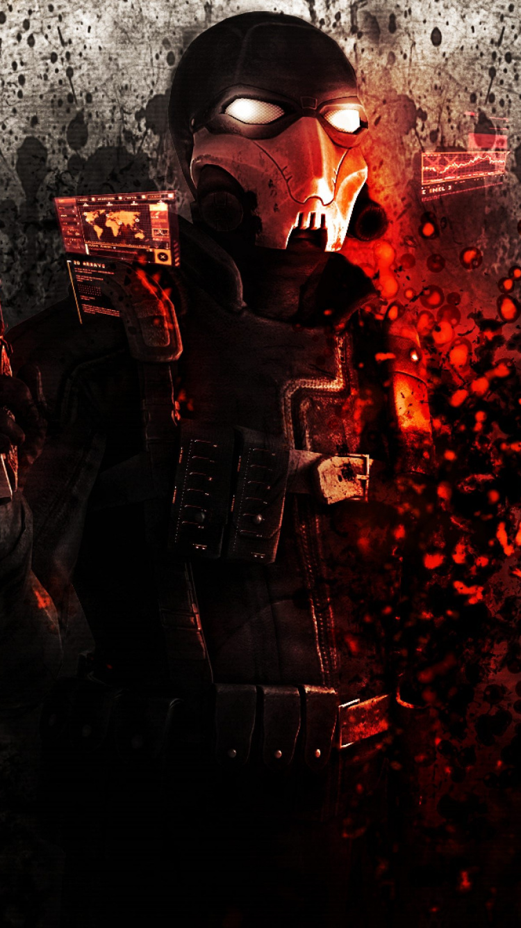 Homme au Masque Noir et Masque Debout Sur Les Lumières Rouges et Noires. Wallpaper in 750x1334 Resolution