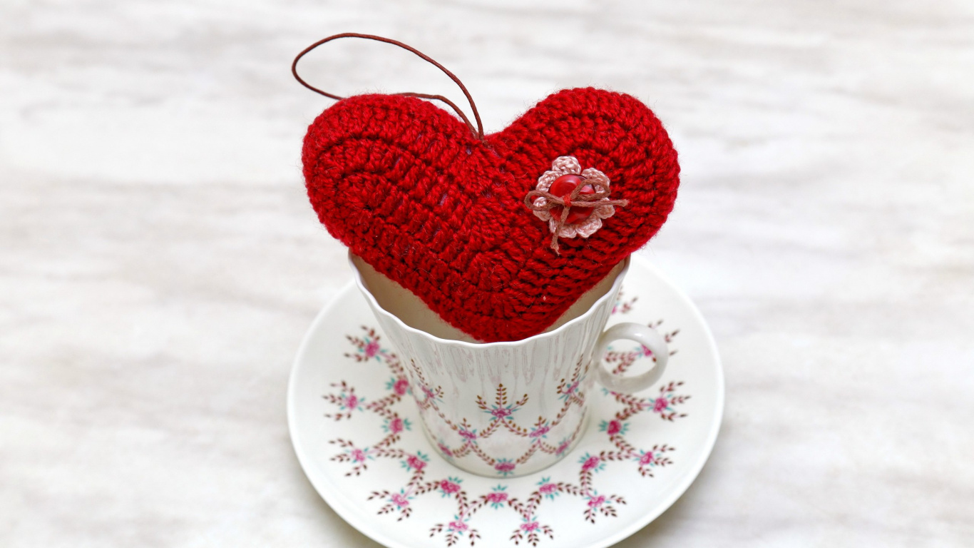 Cup, Heart, Crochet, Day, Sweetness. Wallpaper in 1366x768 Resolution