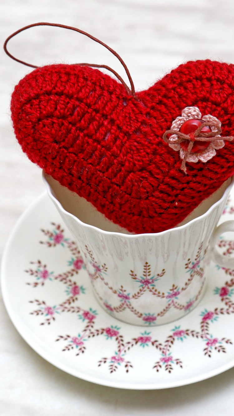 Cup, Heart, Crochet, Day, Sweetness. Wallpaper in 750x1334 Resolution