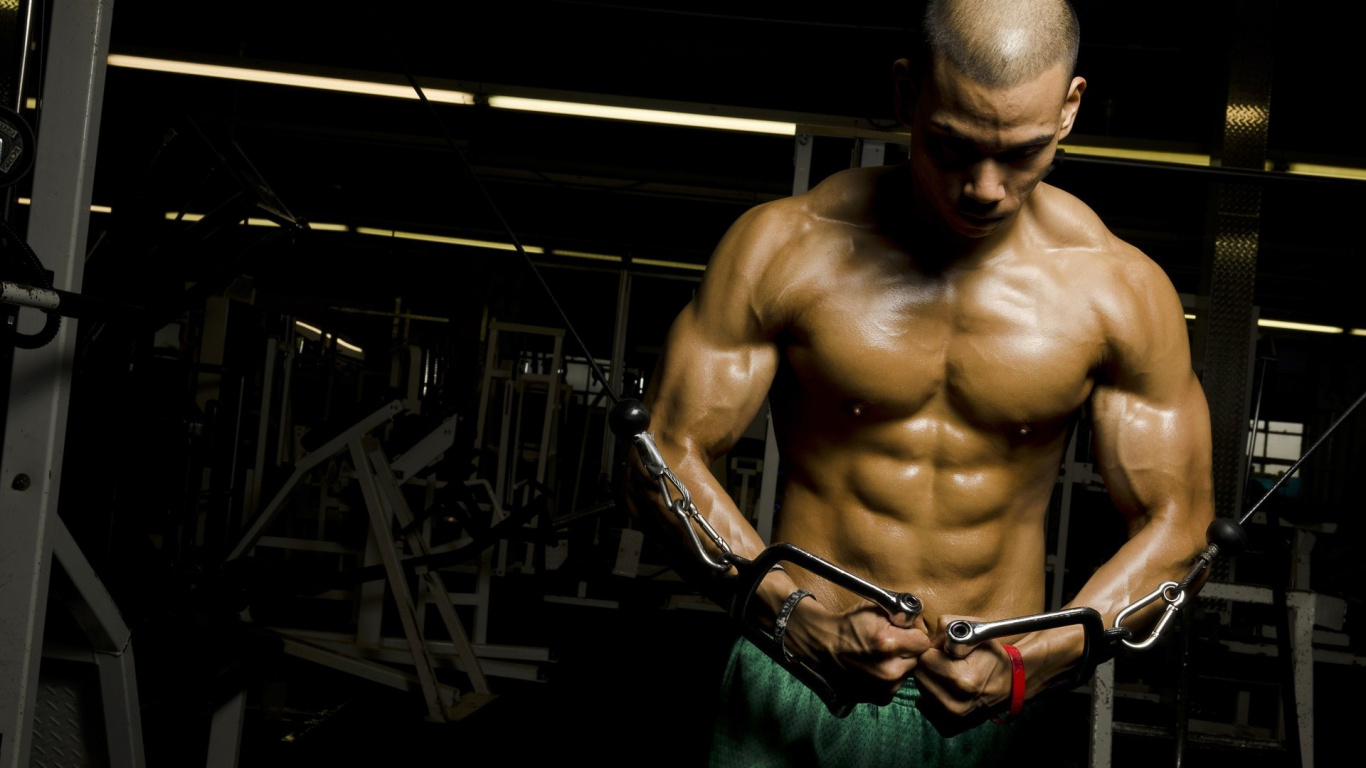 Topless Man in Black Shorts Holding Black and Red Exercise Equipment. Wallpaper in 1366x768 Resolution