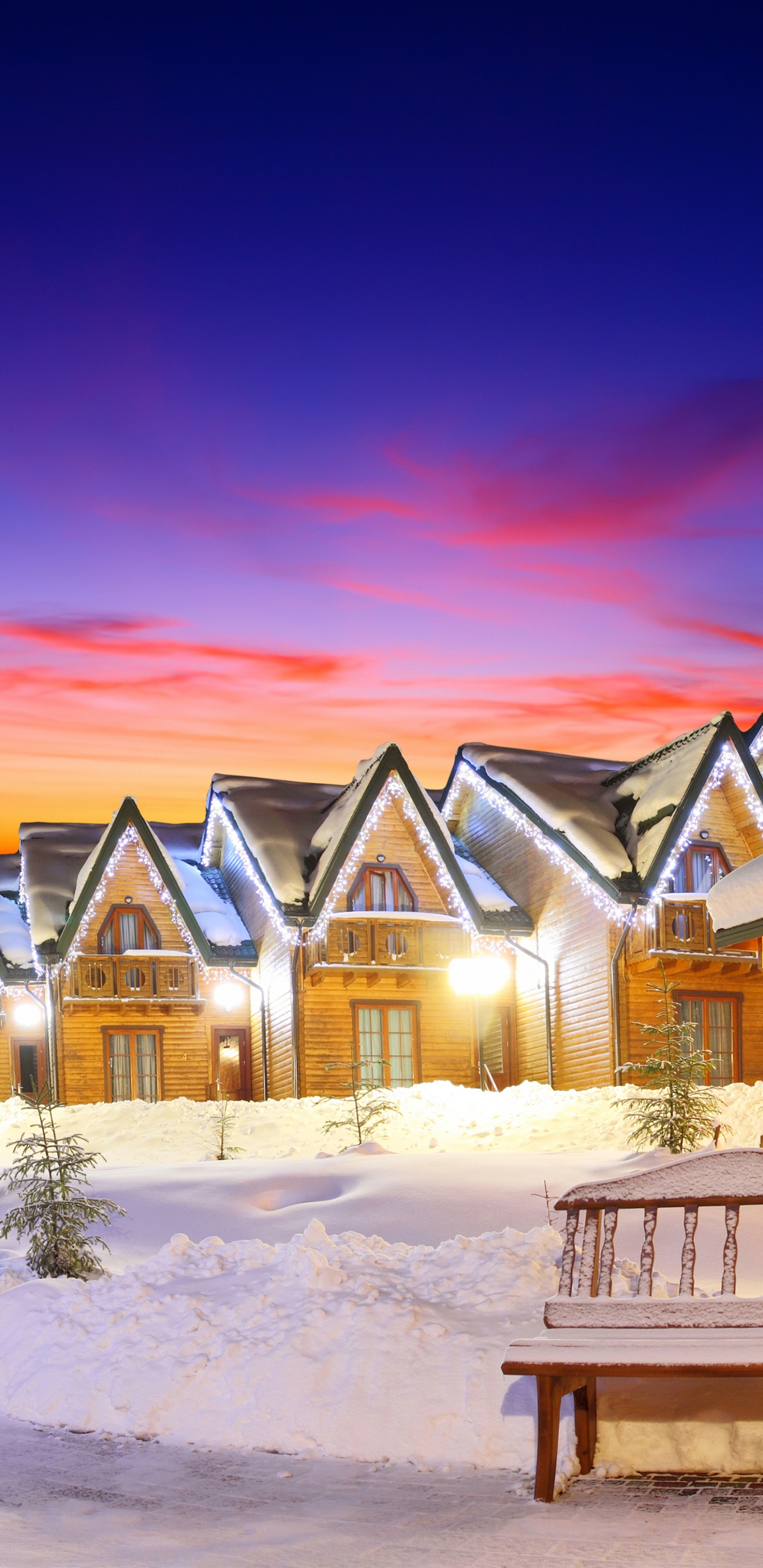 White and Brown Wooden House on Snow Covered Ground During Sunset. Wallpaper in 1440x2960 Resolution