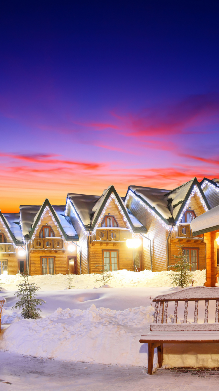 White and Brown Wooden House on Snow Covered Ground During Sunset. Wallpaper in 750x1334 Resolution