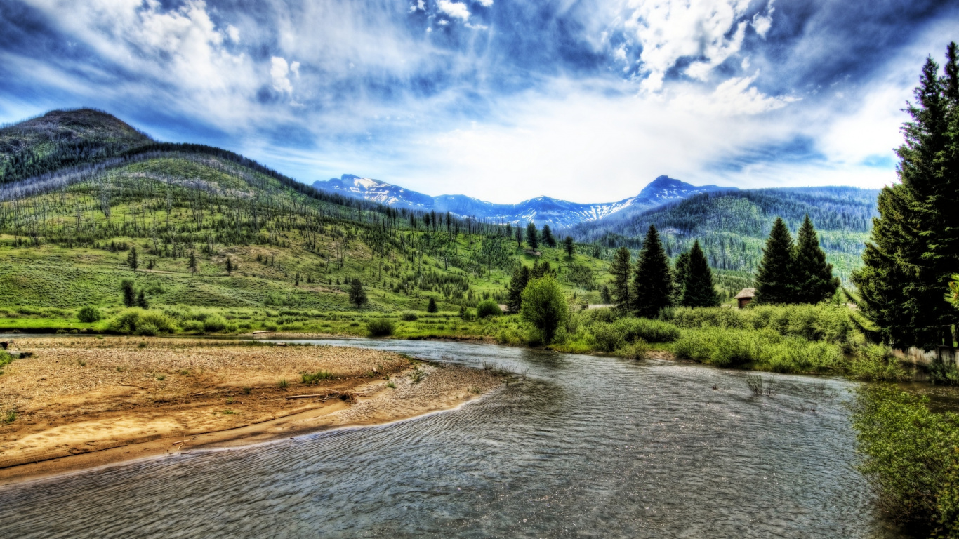 Green Trees and Brown Field Near Lake Under Blue Sky and White Clouds During Daytime. Wallpaper in 1366x768 Resolution