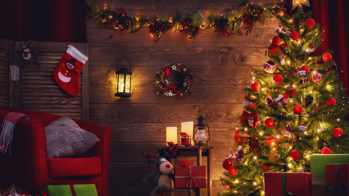 圣诞树, 圣诞节那天, 圣诞装饰, 圣诞节, 圣诞彩灯 壁纸 1366x768 允许