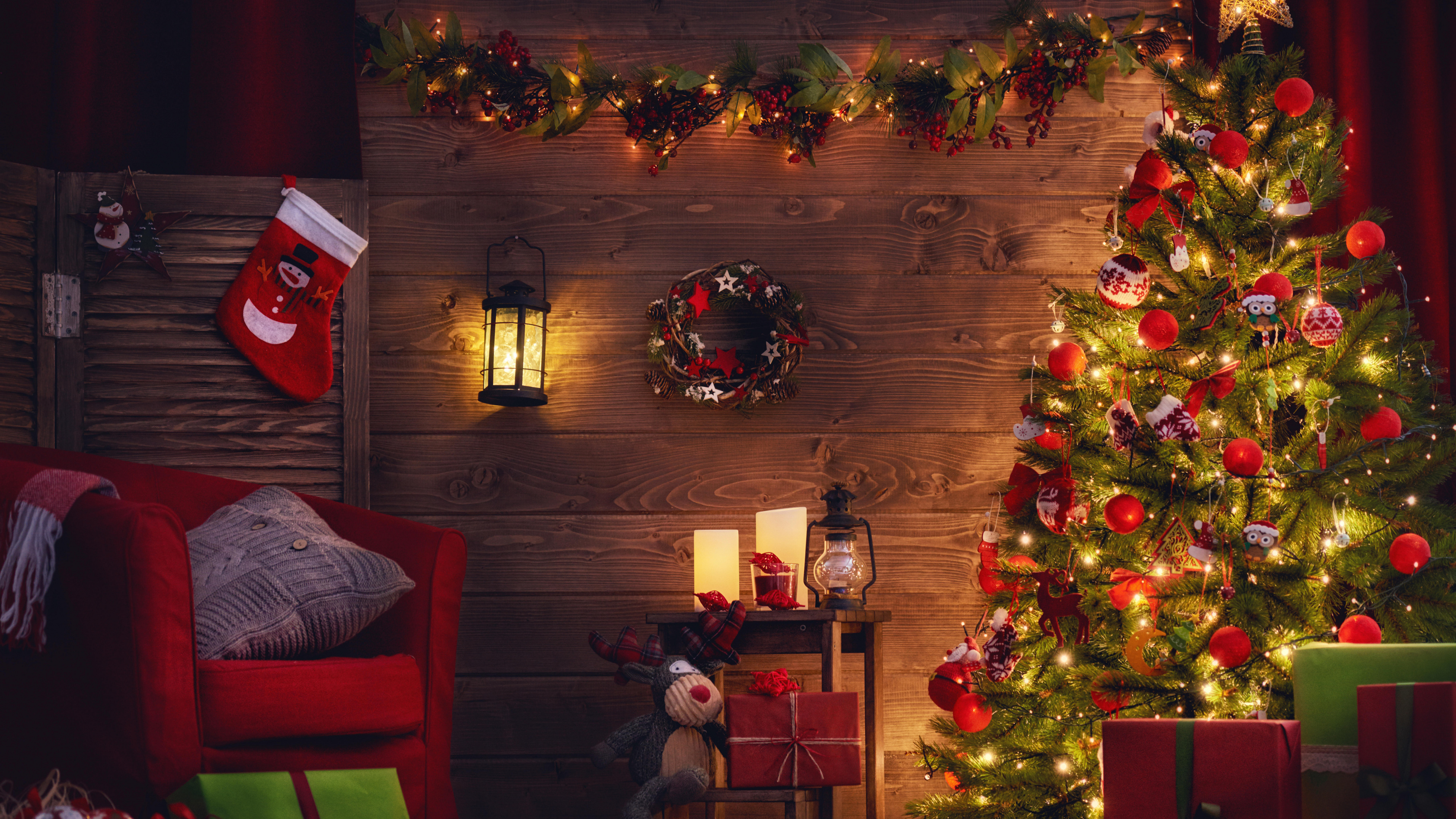 Weihnachtsbaum, Weihnachten, Weihnachtsdekoration, Weihnachtsbeleuchtung, Hölzerner Weihnachts-Adventskalender. Wallpaper in 3840x2160 Resolution