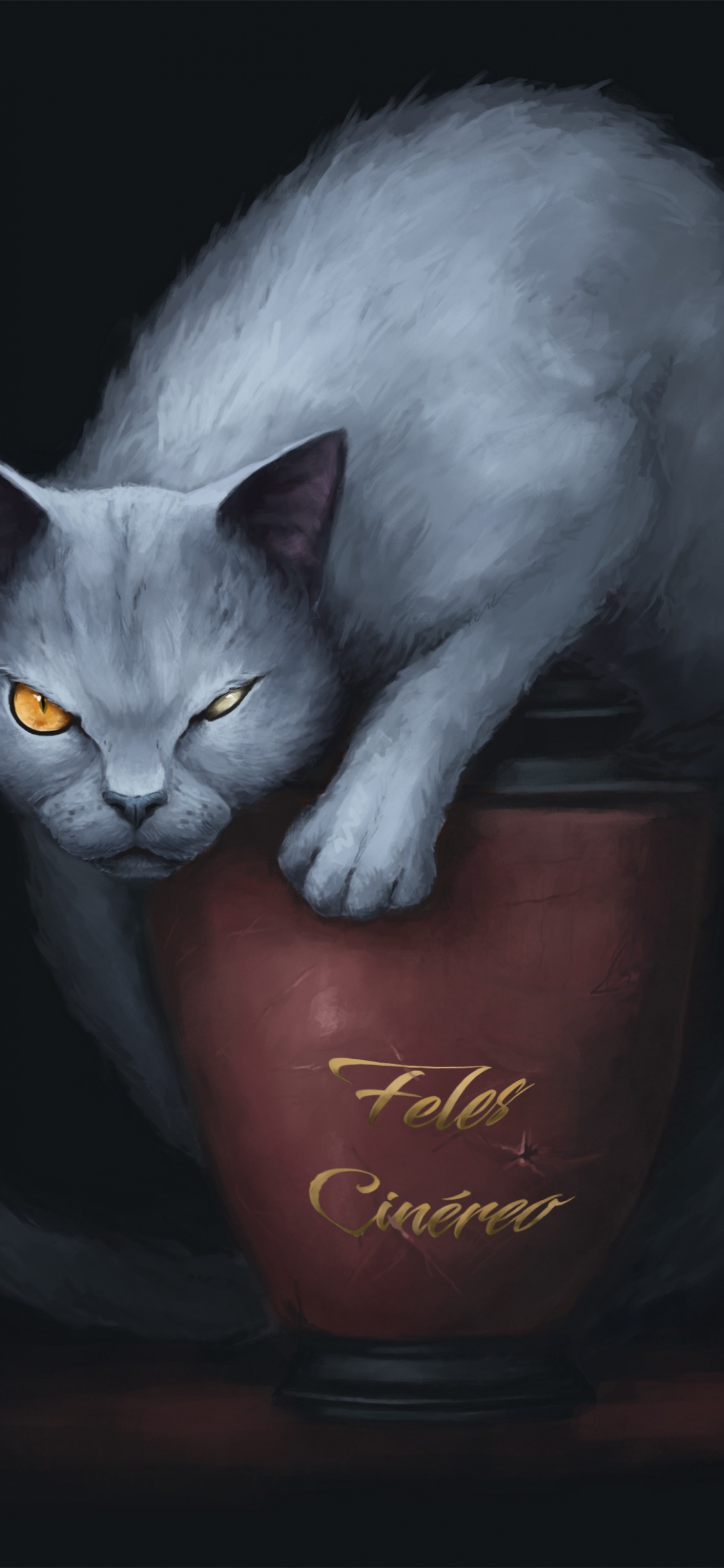 Russische Blaue Katze Auf Braunem Keramikbecher. Wallpaper in 1125x2436 Resolution