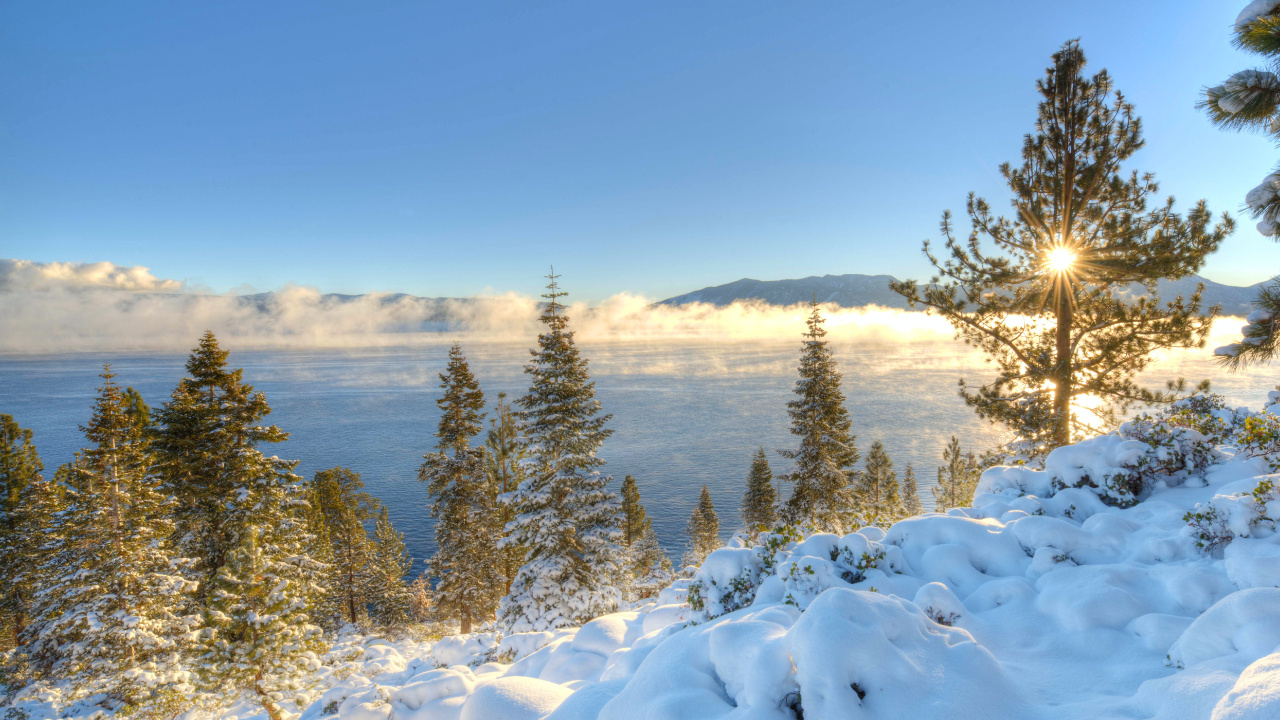 Snow Covered Field Near Green Trees and Body of Water During Daytime. Wallpaper in 1280x720 Resolution